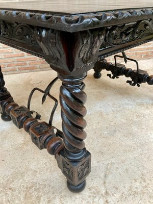 Spanish Baroque Table with Dark Walnut Solomonic Legs with Carved Structure and Iron Stretcher-NOU-1005594