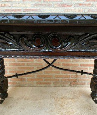 Spanish Baroque Table with Dark Walnut Solomonic Legs with Carved Structure and Iron Stretcher-NOU-1005594