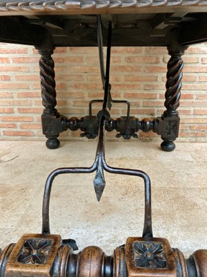 Spanish Baroque Table with Dark Walnut Solomonic Legs with Carved Structure and Iron Stretcher-NOU-1005594