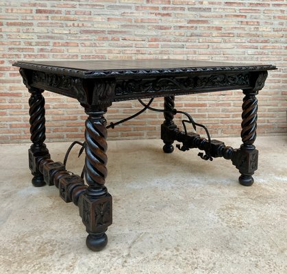 Spanish Baroque Table with Dark Walnut Solomonic Legs with Carved Structure and Iron Stretcher-NOU-1005594