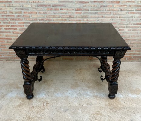 Spanish Baroque Table with Dark Walnut Solomonic Legs with Carved Structure and Iron Stretcher-NOU-1005594