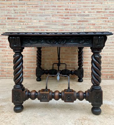 Spanish Baroque Table with Dark Walnut Solomonic Legs with Carved Structure and Iron Stretcher-NOU-1005594