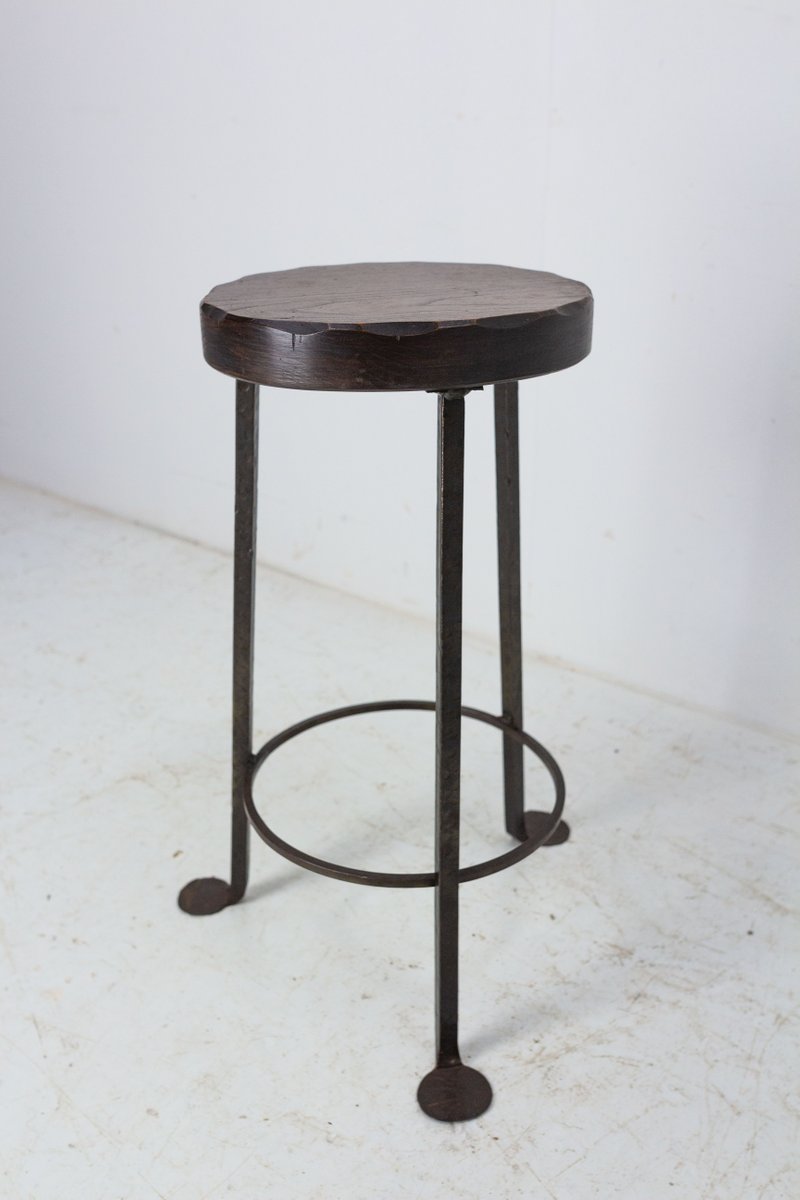 Spanish Breakfast Bar Stool in Elm Top and Wrought Iron, 1960