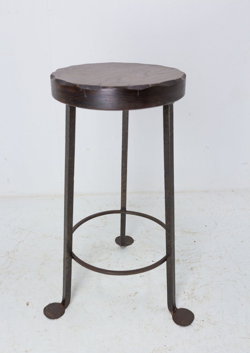 Spanish Breakfast Bar Stool in Elm Top and Wrought Iron, 1960