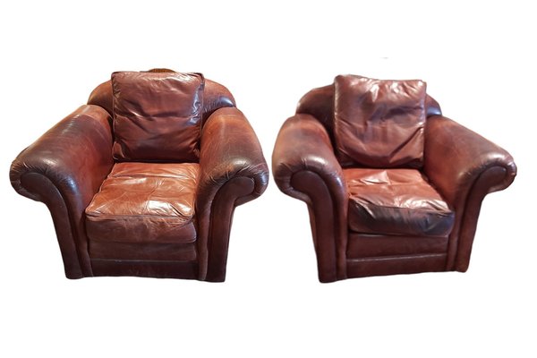 Spanish Brown Leather Club Chairs, Set of 2-TCS-1182380