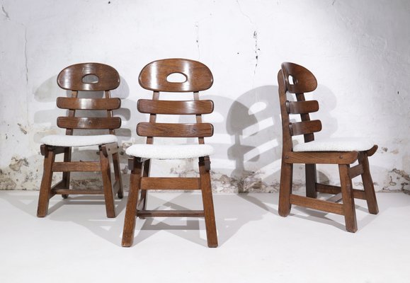 Spanish Brutalist Fishbone Chairs in Oak and Bouclé, 1960s, Set of 4-XQB-1812690