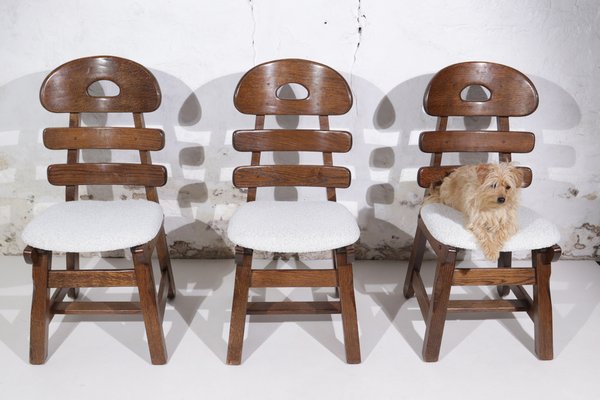 Spanish Brutalist Fishbone Chairs in Oak and Bouclé, 1960s, Set of 4-XQB-1812690