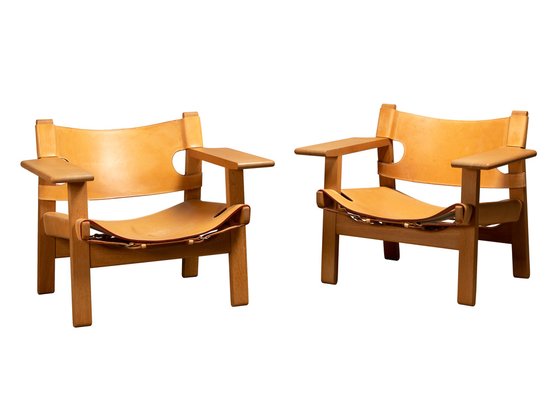 Spanish Chair Set in Naturel Leather and Oak by Børge Mogensen for Fredericia, 1995, Set of 2-JK-1824715