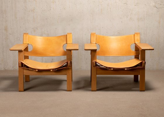 Spanish Chair Set in Naturel Leather and Oak by Børge Mogensen for Fredericia, 1995, Set of 2-JK-1824715