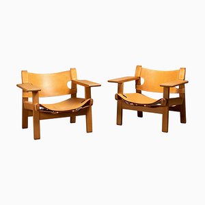 Spanish Chair Set in Naturel Leather and Oak by Børge Mogensen for Fredericia, 1995, Set of 2-JK-1824715