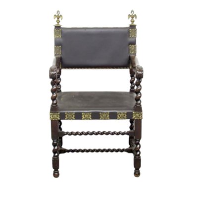 Spanish Colonial Leathear, Brass and Wood Armchair-TCS-2017506