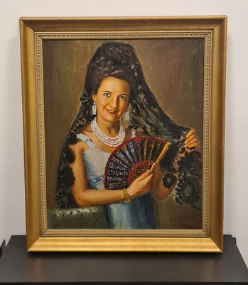 Spanish Girl Portrait, 1950s, Oil on Canvas, Framed-RPW-1820135