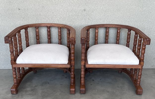 Spanish Hand Carved Chairs with Slatted Barrel Back, 1920, Set of 2-PSK-1401006