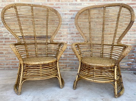 Spanish High Back Armchair in Bamboo Wicker, 1970s, Set of 2-NOU-1789944