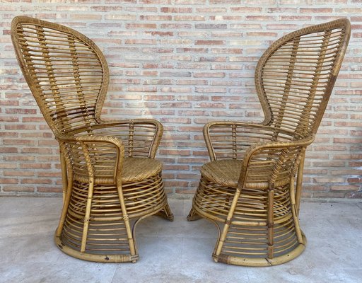 Spanish High Back Armchair in Bamboo Wicker, 1970s, Set of 2-NOU-1789944