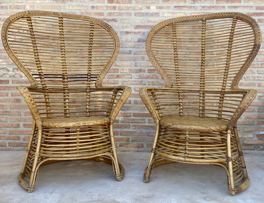 Spanish High Back Armchair in Bamboo Wicker, 1970s, Set of 2-NOU-1789944