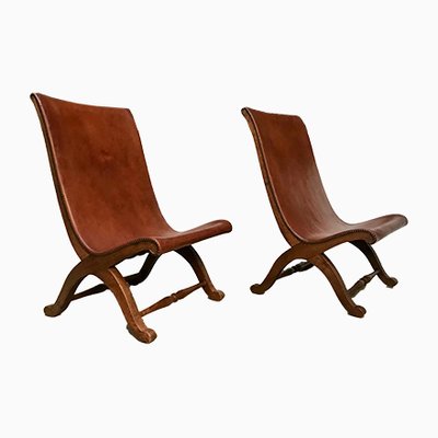 Spanish High-Back Leather Slipper Chairs by Pierre Lottier, 1950s, Set of 2-JP-999162