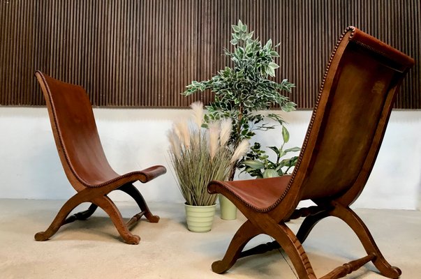 Spanish High-Back Leather Slipper Chairs by Pierre Lottier, 1950s, Set of 2-JP-999162