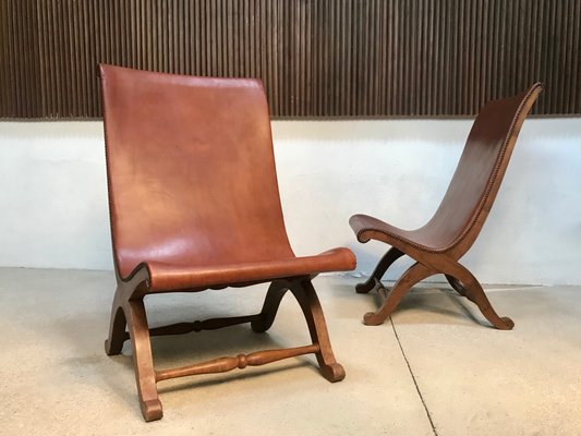 Spanish High-Back Leather Slipper Chairs by Pierre Lottier, 1950s, Set of 2-JP-999162