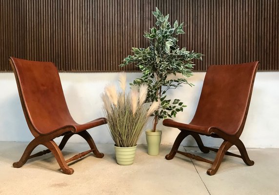 Spanish High-Back Leather Slipper Chairs by Pierre Lottier, 1950s, Set of 2-JP-999162