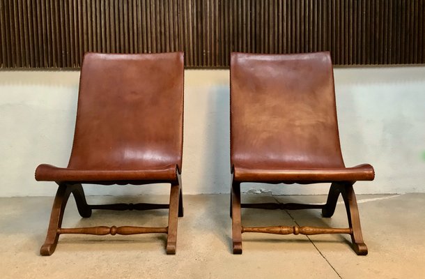 Spanish High-Back Leather Slipper Chairs by Pierre Lottier, 1950s, Set of 2-JP-999162