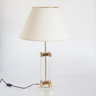 Spanish Hollywood Regency Methacrylate and Brass Table Lamp with Fabric Shade, 1980s-ZFJ-700467