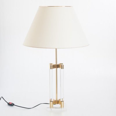 Spanish Hollywood Regency Methacrylate and Brass Table Lamp with Fabric Shade, 1980s-ZFJ-700467