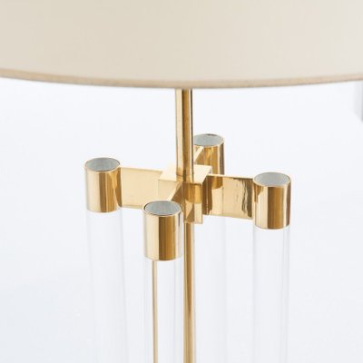 Spanish Hollywood Regency Methacrylate and Brass Table Lamp with Fabric Shade, 1980s-ZFJ-700467