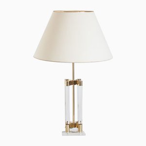 Spanish Hollywood Regency Methacrylate and Brass Table Lamp with Fabric Shade, 1980s-ZFJ-700467