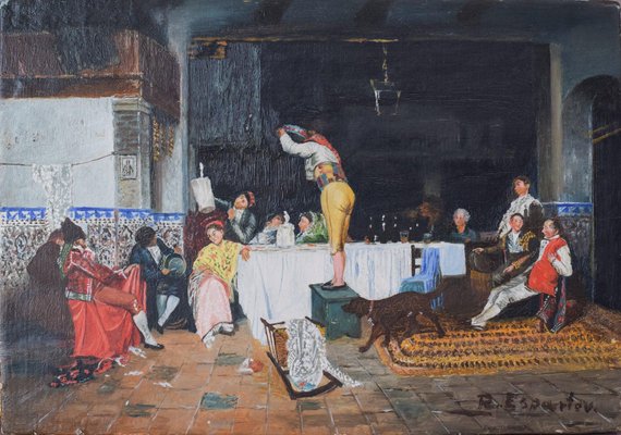 Spanish Interior Scene, the Party, 20th-century, Oil on Board, Framed-AOI-1189429