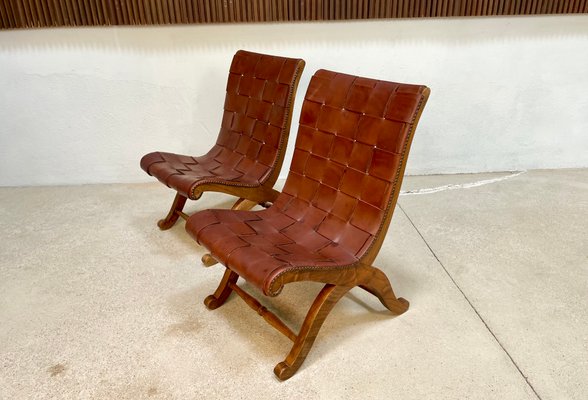 Spanish Oak Leather Strap Chairs by Pierre Lottier for Valmazan, 1950s, Set of 2-JP-1362353