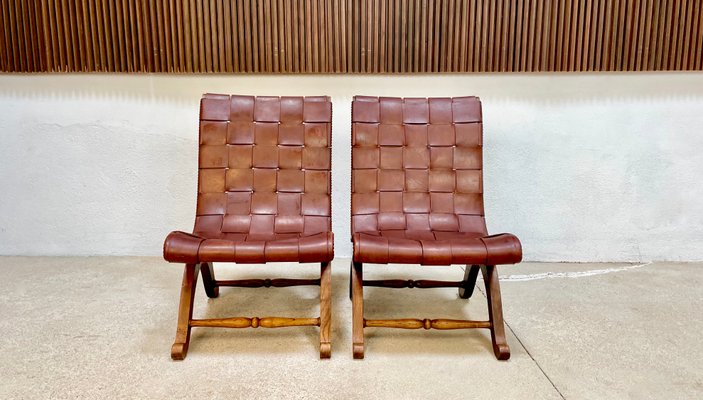 Spanish Oak Leather Strap Chairs by Pierre Lottier for Valmazan, 1950s, Set of 2-JP-1362353