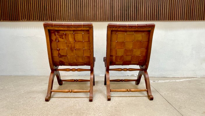 Spanish Oak Leather Strap Chairs by Pierre Lottier for Valmazan, 1950s, Set of 2-JP-1362353