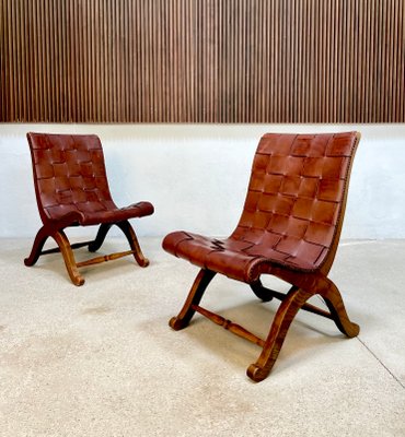 Spanish Oak Leather Strap Chairs by Pierre Lottier for Valmazan, 1950s, Set of 2-JP-1362353