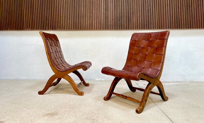 Spanish Oak Leather Strap Chairs by Pierre Lottier for Valmazan, 1950s, Set of 2-JP-1362353