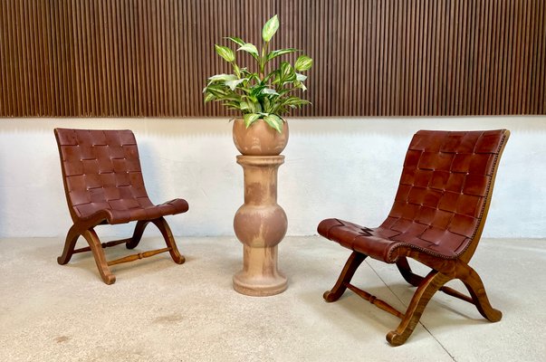 Spanish Oak Leather Strap Chairs by Pierre Lottier for Valmazan, 1950s, Set of 2-JP-1362353