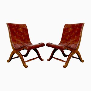 Spanish Oak Leather Strap Chairs by Pierre Lottier for Valmazan, 1950s, Set of 2-JP-1362353