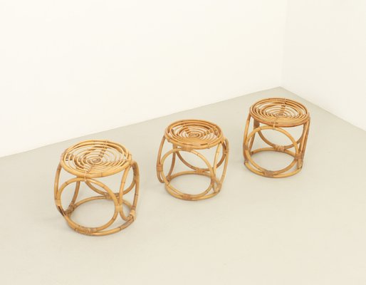 Spanish Rattan Stools, 1970s, Set of 3-UB-1806126