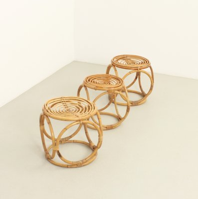 Spanish Rattan Stools, 1970s, Set of 3-UB-1806126