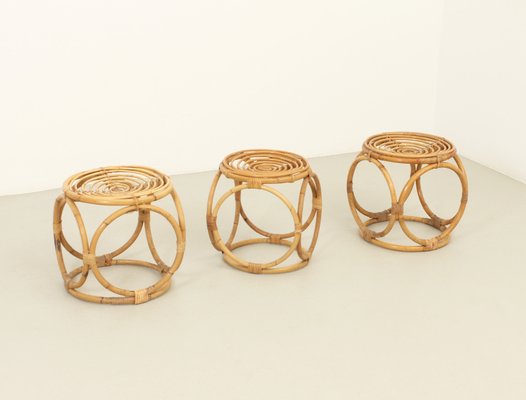 Spanish Rattan Stools, 1970s, Set of 3-UB-1806126