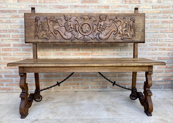 Spanish Renaissance Carved Oak Bench Banquette Escaño, 1890s-NOU-1730518