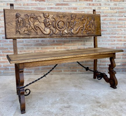 Spanish Renaissance Carved Oak Bench Banquette Escaño, 1890s-NOU-1730518