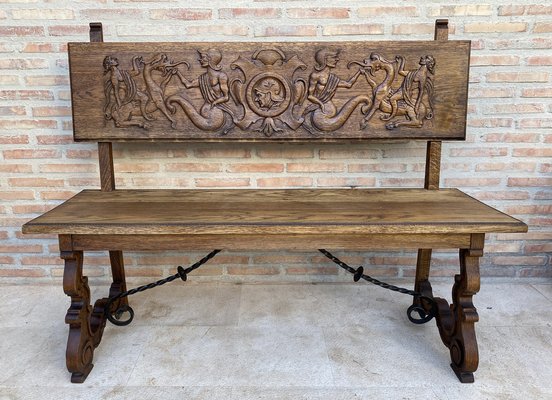 Spanish Renaissance Carved Oak Bench Banquette Escaño, 1890s-NOU-1730518