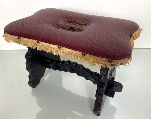 Spanish Renaissance Red Faux-Leather Footstool-WZZ-989076