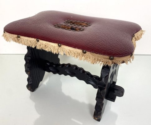 Spanish Renaissance Red Faux-Leather Footstool-WZZ-989076