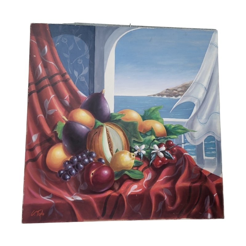 Spanish School Artist, Fruits and Mediterranean View, 1960s, Oil on Canvas