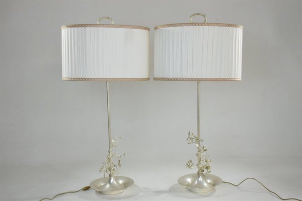 Spanish Silver-Plated Flower Table Lamps, 1960s, Set of 2-GXL-590535