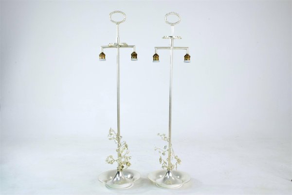 Spanish Silver-Plated Flower Table Lamps, 1960s, Set of 2-GXL-590535