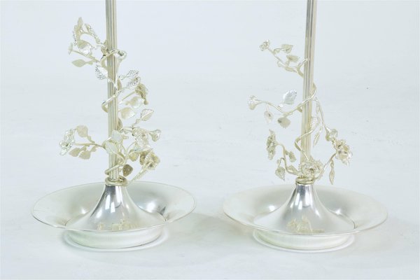 Spanish Silver-Plated Flower Table Lamps, 1960s, Set of 2-GXL-590535