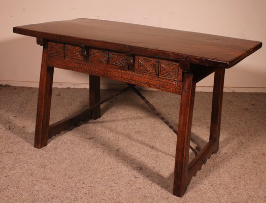 Spanish Table with Three Drawers in Chestnut, 17th Century-HPU-965536